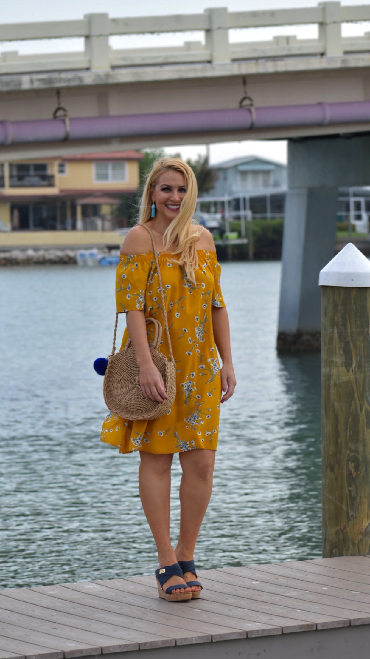 Yellow Outfits, Off The Shoulder Dress, Yellow Dress, Floral Dress, Off The Shoulder Floral Dress, Round Straw Handbag, Wedges