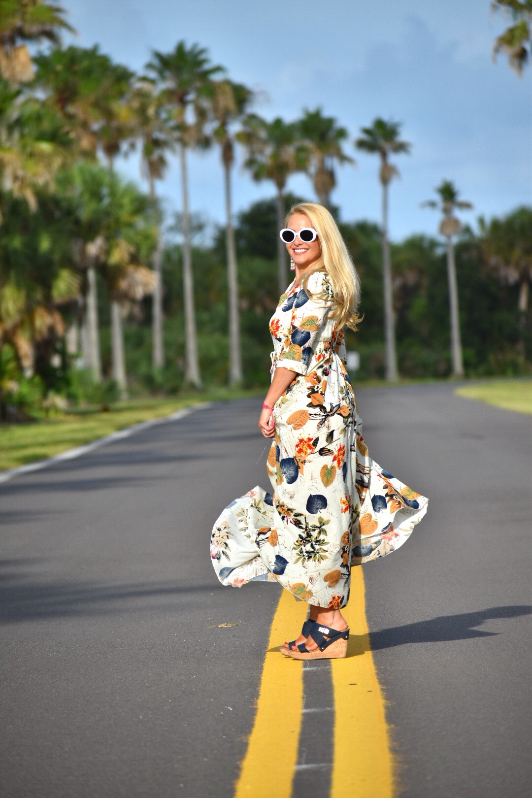 Bohemian Style, Floral Dress, White Oval Sunglasses and Wedges in Fort DeSoto Florida
