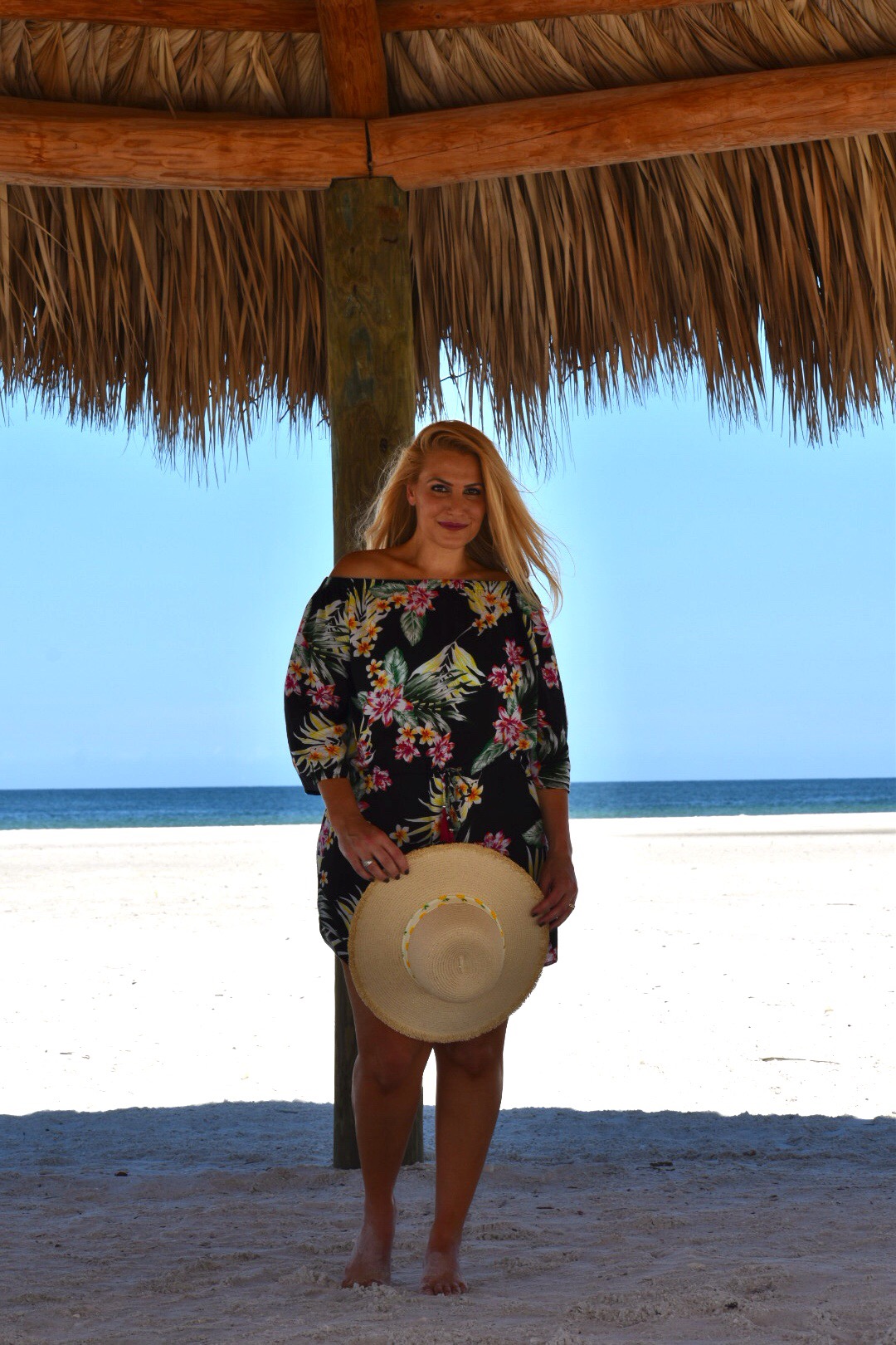Floral Dress, Off The Shoulder Dress, Tropical Dress, Beach Cover-up and Beach Hat in Marco Island Florida