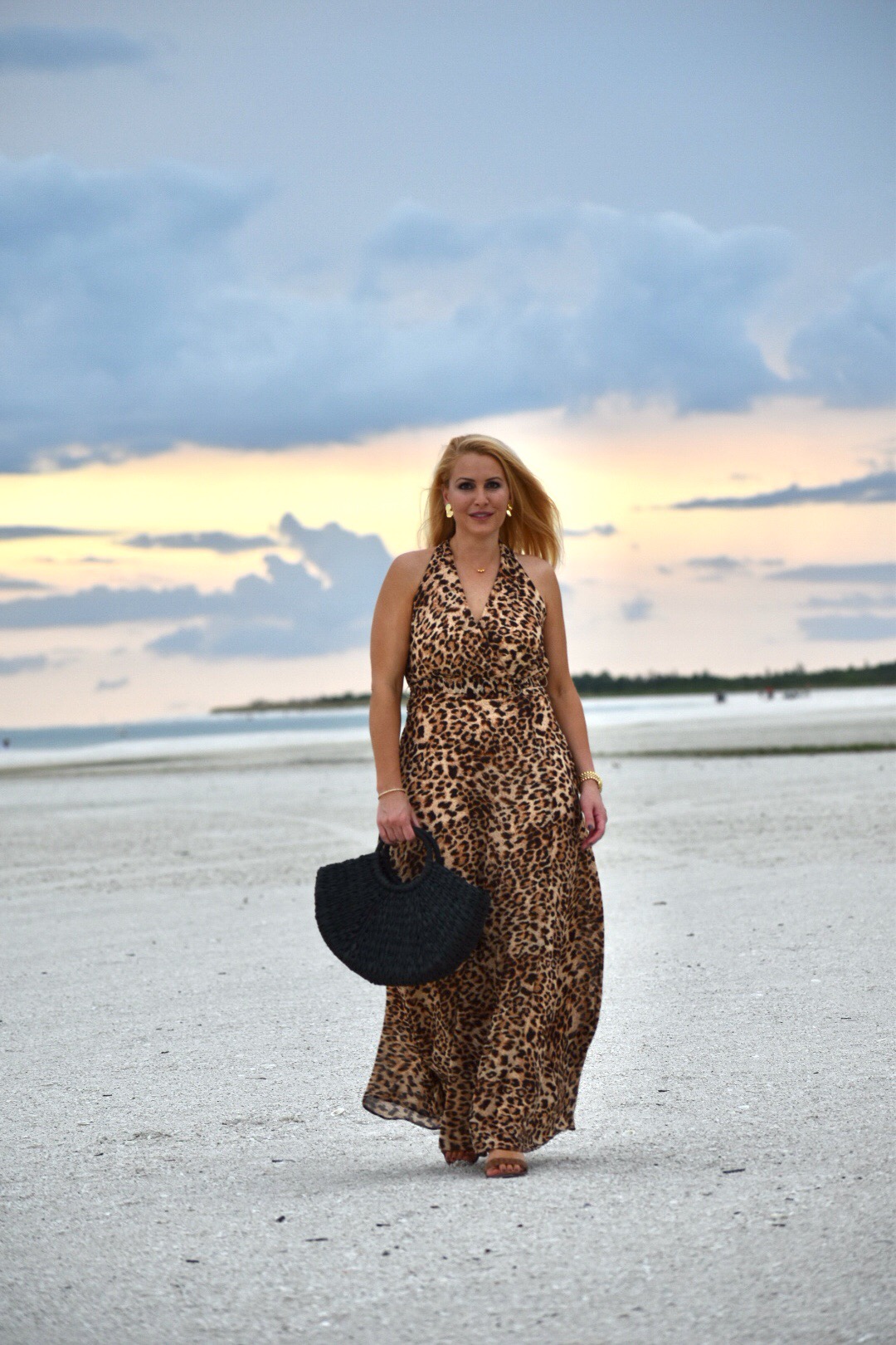 Leopard Outfit, Leopard Dress, Chetta B Leopard Print Dress, Gorjana Jewelry and Black Straw Tote in Marco Island Florida