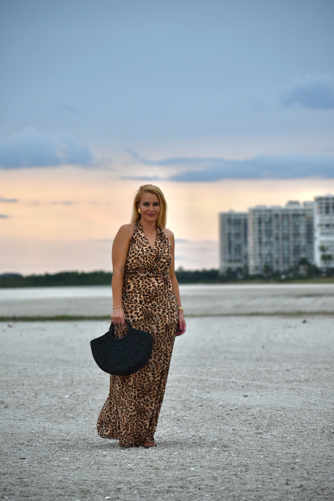 Leopard Print, Leopard Dress, Chetta B Leopard Print Dress, Gorjana Jewelry and Black Straw Tote in Marco Island Florida